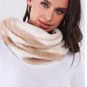 Faux Fur Infinity Scarf - Beige and White